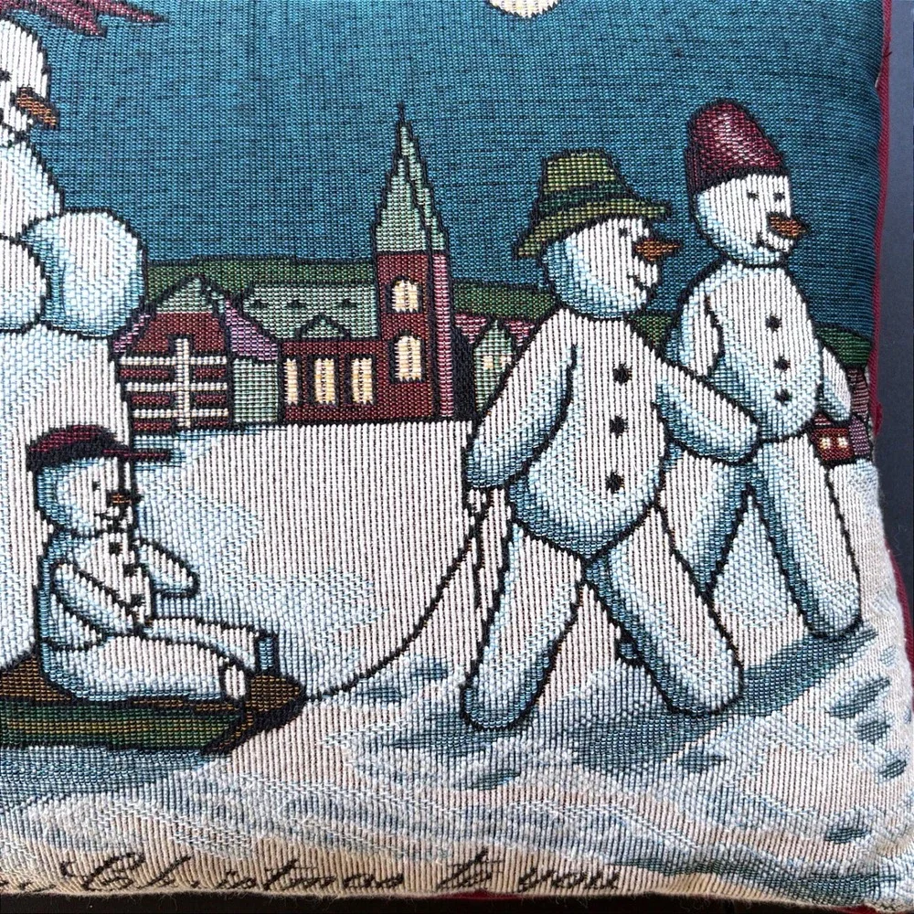 Vintage Snowman Family Tapestry Christmas Throw Pillow Red Backing 12x18 Festive